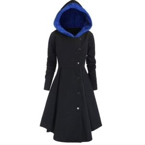Rosegal Black Fit-and-Flare Coat with Royal Blue Faux-Fur Hood